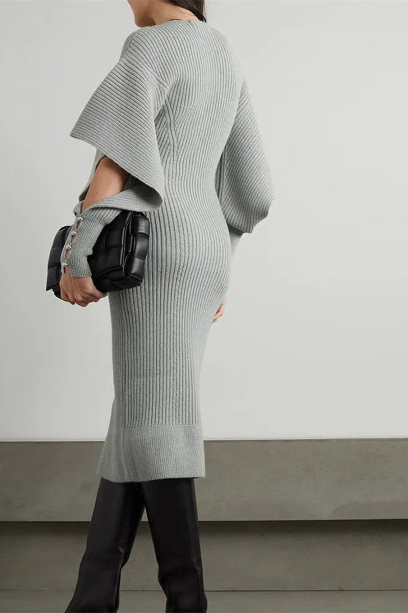 V-Neck Rib Knit Flare Sleeve Pearl Button Cuff Midi Dress