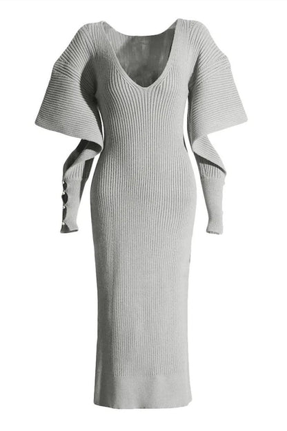 V-Neck Rib Knit Flare Sleeve Pearl Button Cuff Midi Dress