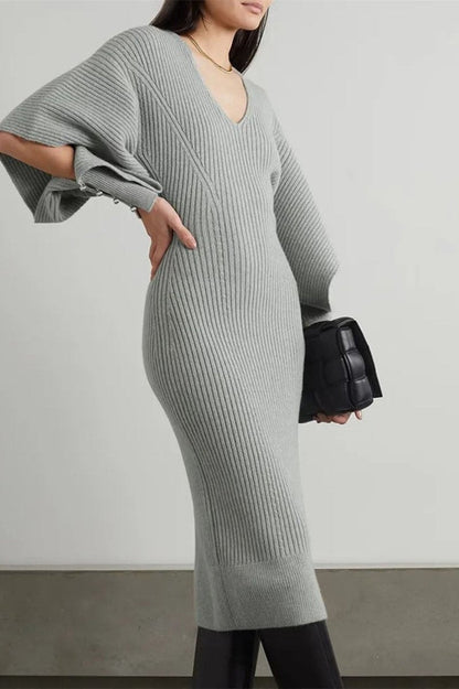 V-Neck Rib Knit Flare Sleeve Pearl Button Cuff Midi Dress