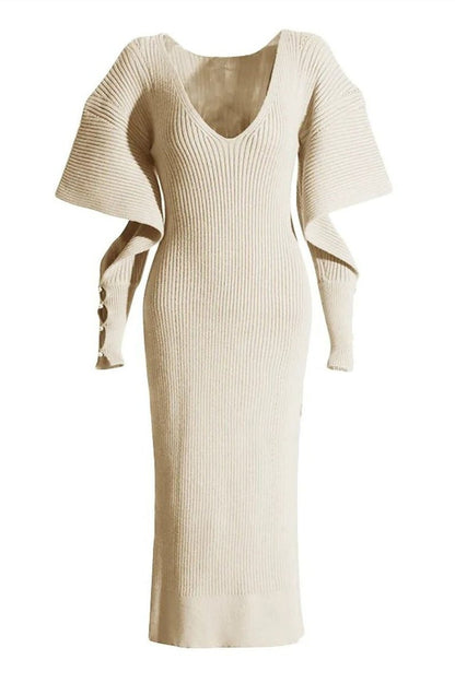 V-Neck Rib Knit Flare Sleeve Pearl Button Cuff Midi Dress