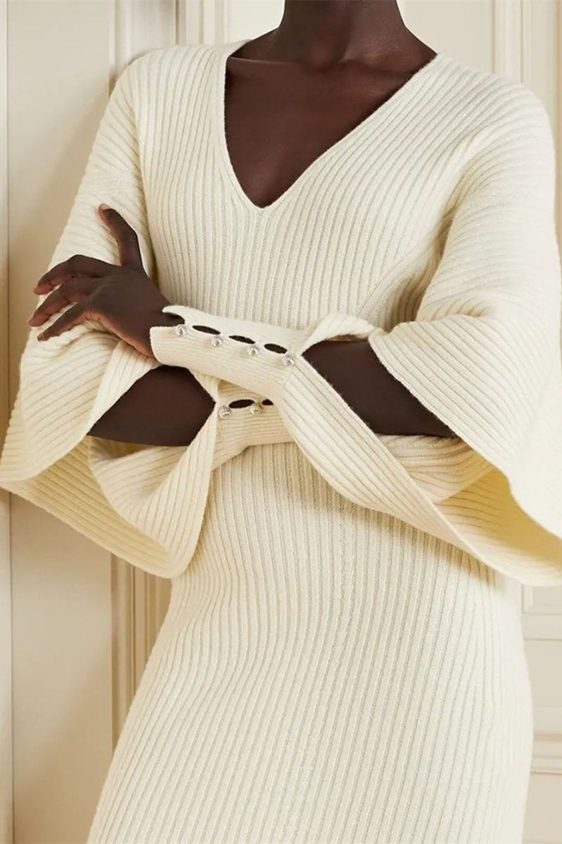 V-Neck Rib Knit Flare Sleeve Pearl Button Cuff Midi Dress