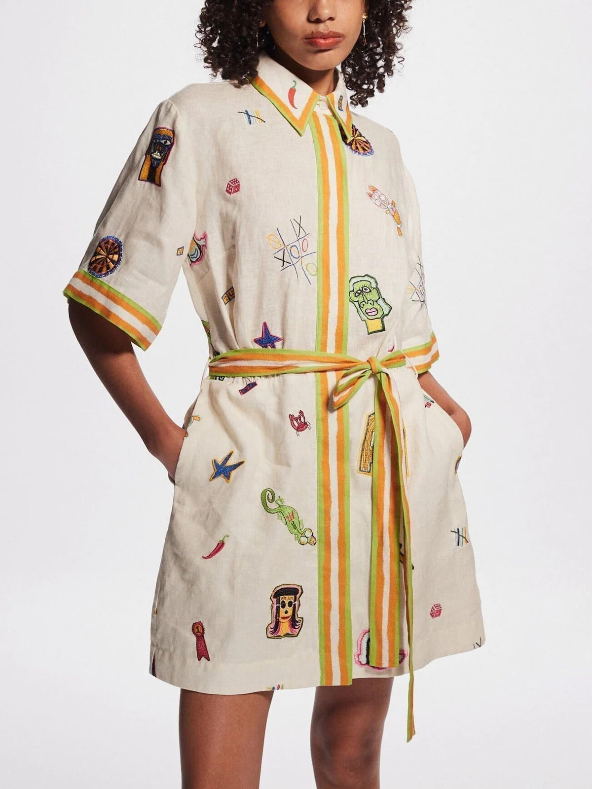 Embroidered Patchwork Belted Shirt Mini Dress