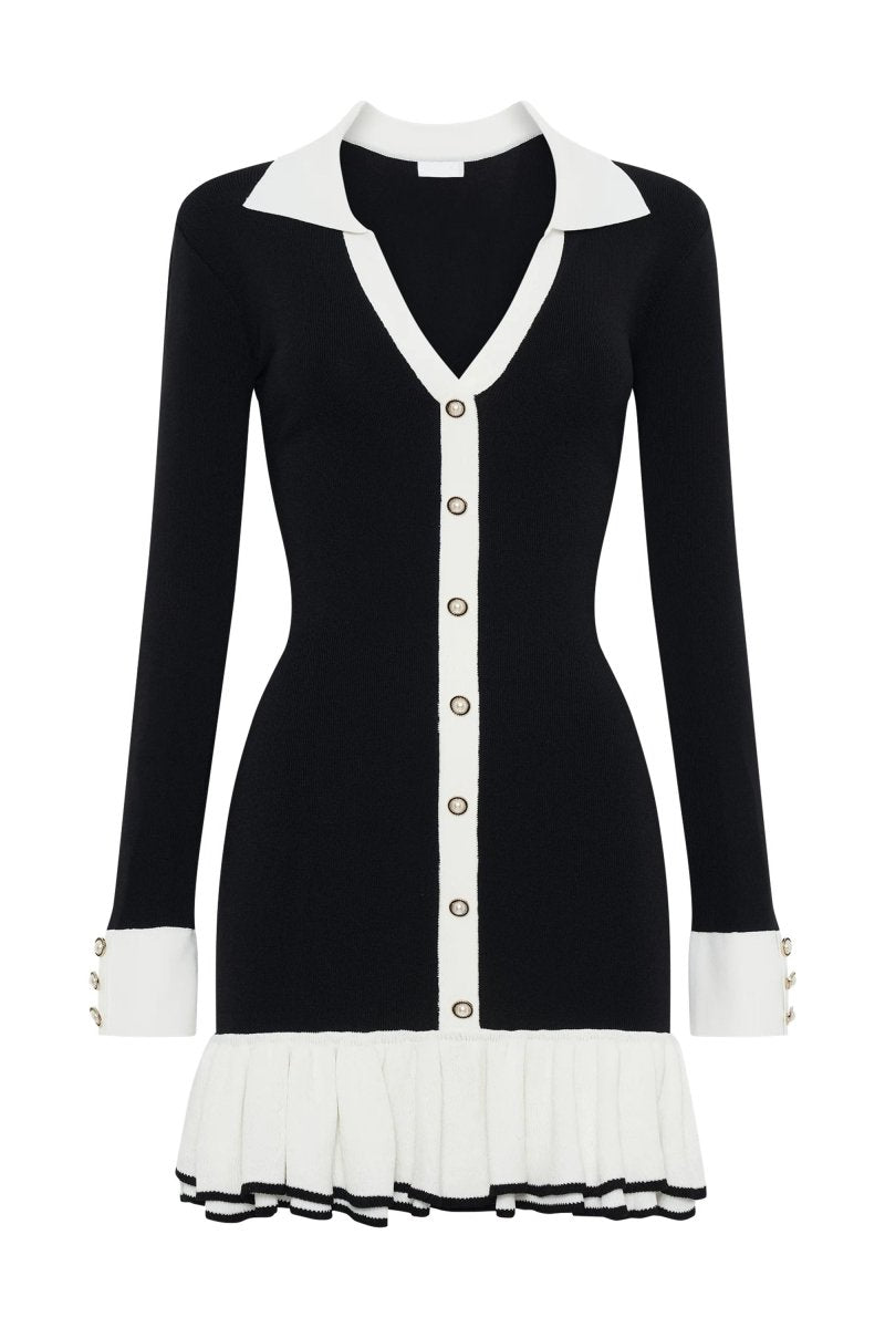 Contrast Collar Rib Knit Button Front Ruffle Hem Mini Dress