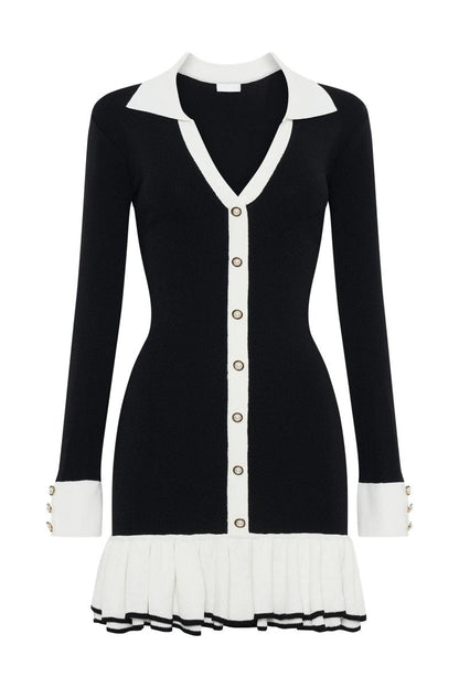 Contrast Collar Rib Knit Button Front Ruffle Hem Mini Dress
