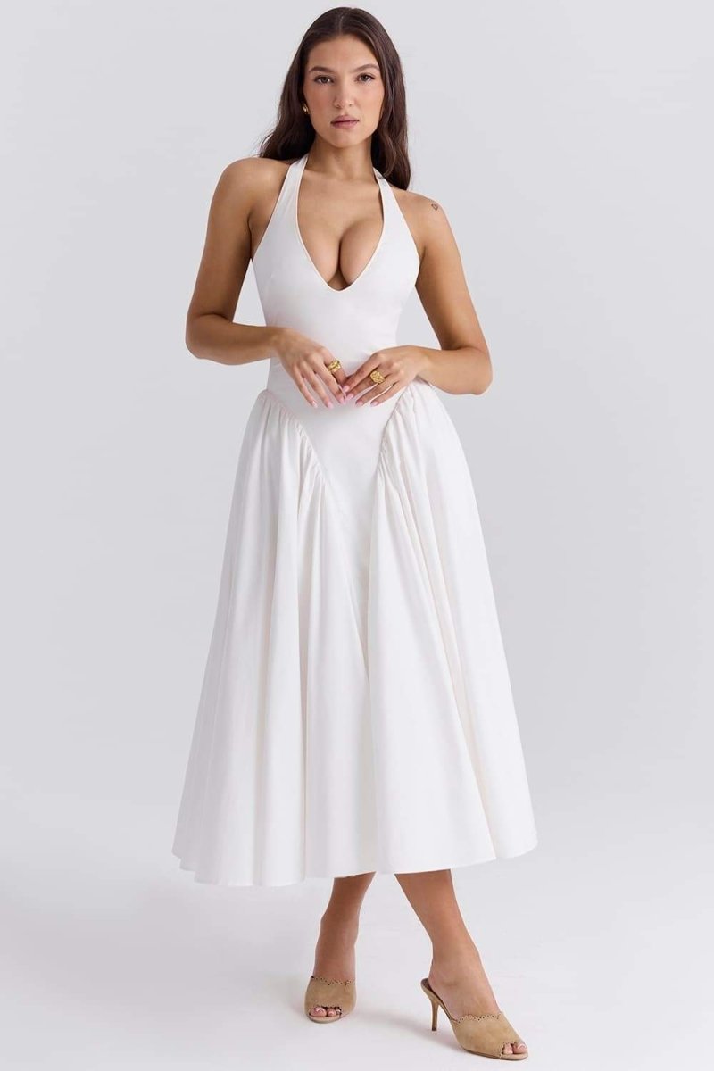 Halter Plunge V-Neck Basque Waist Pleated Midi Dress