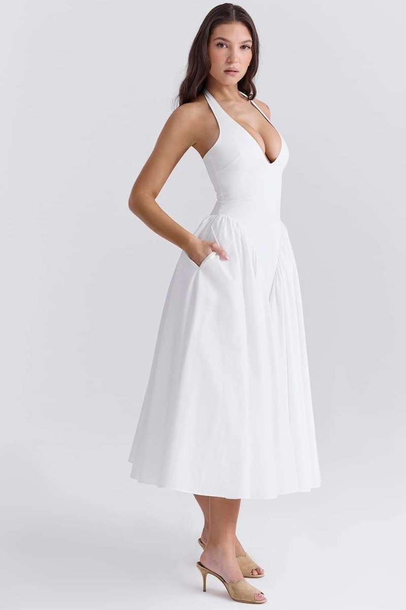 Halter Plunge V-Neck Basque Waist Pleated Midi Dress
