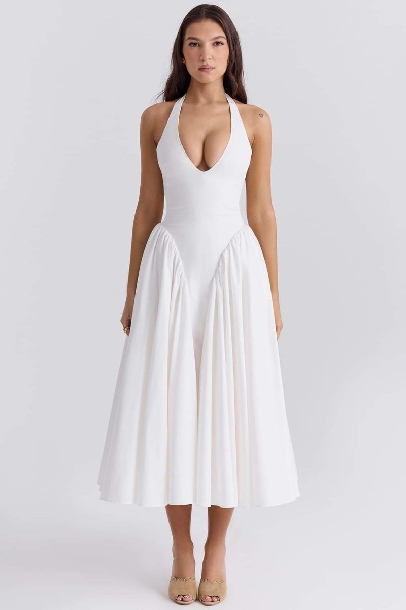 Halter Plunge V-Neck Basque Waist Pleated Midi Dress