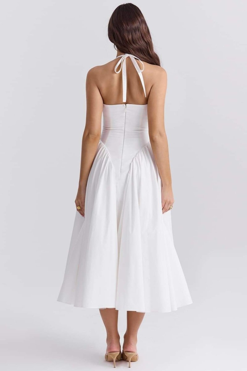 Halter Plunge V-Neck Basque Waist Pleated Midi Dress