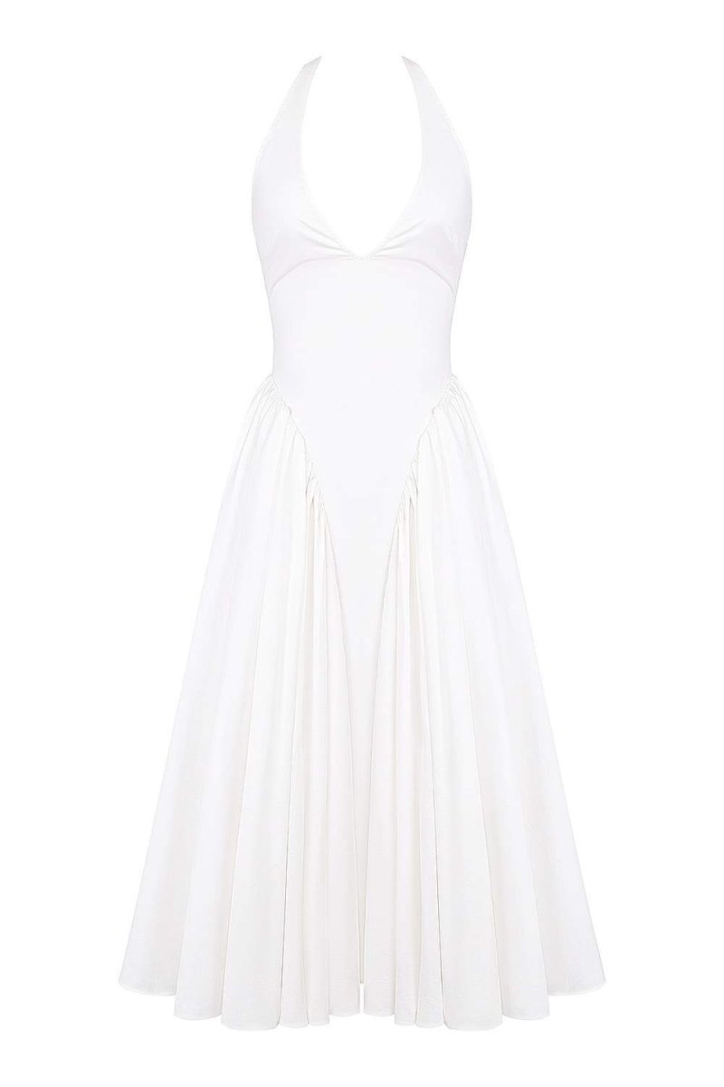 Halter Plunge V-Neck Basque Waist Pleated Midi Dress
