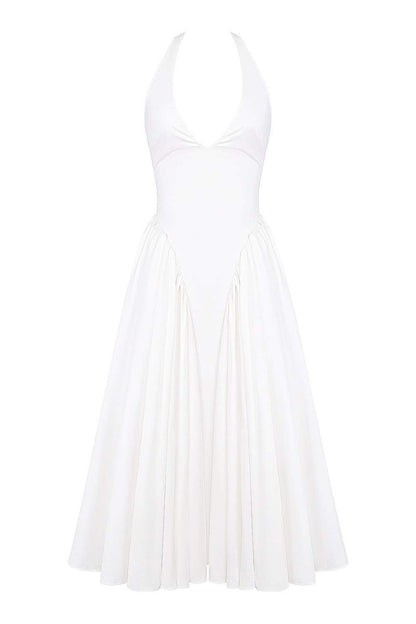 Halter Plunge V-Neck Basque Waist Pleated Midi Dress