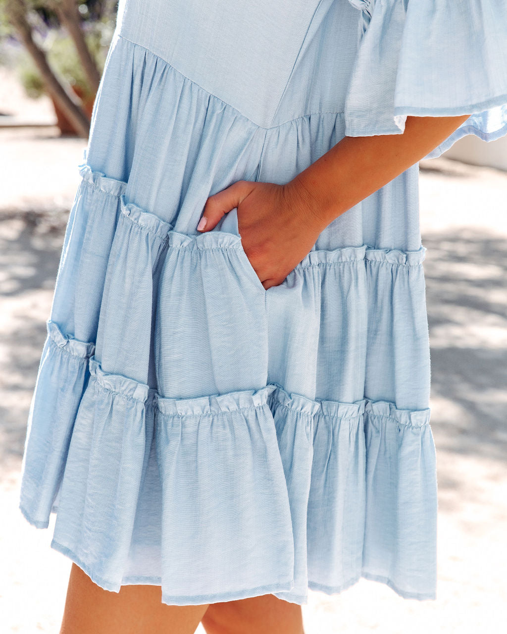 Square Neck Smocked Tiered Pocket Babydoll Mini Dress