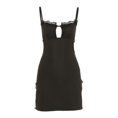 Eyelash Lace Trim Spaghetti Strap Side Cutout Keyhole Slit Mini Slip Dress