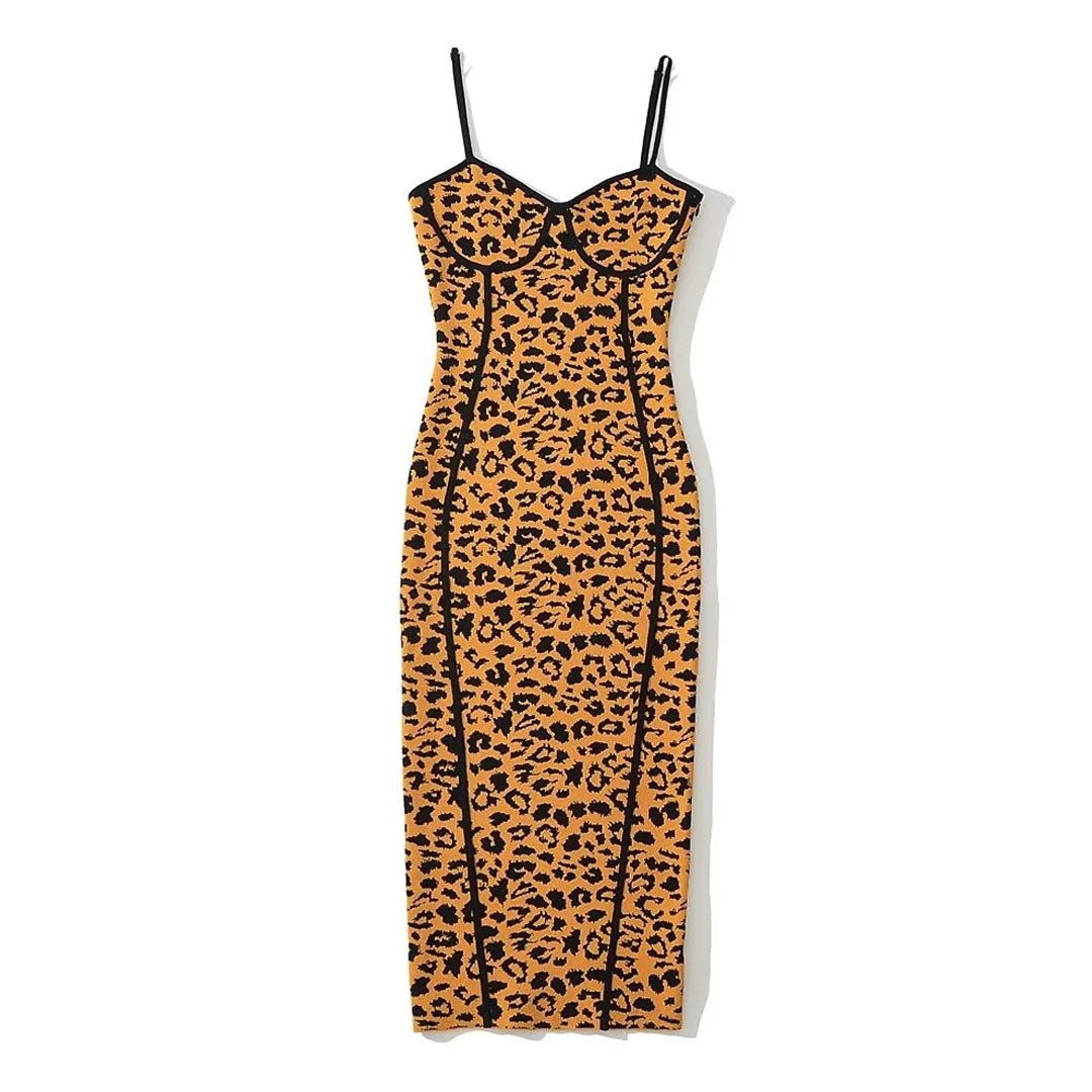 Sweetheart Neck Contrast Piping Spot Print Spaghetti Strap Midi Dress