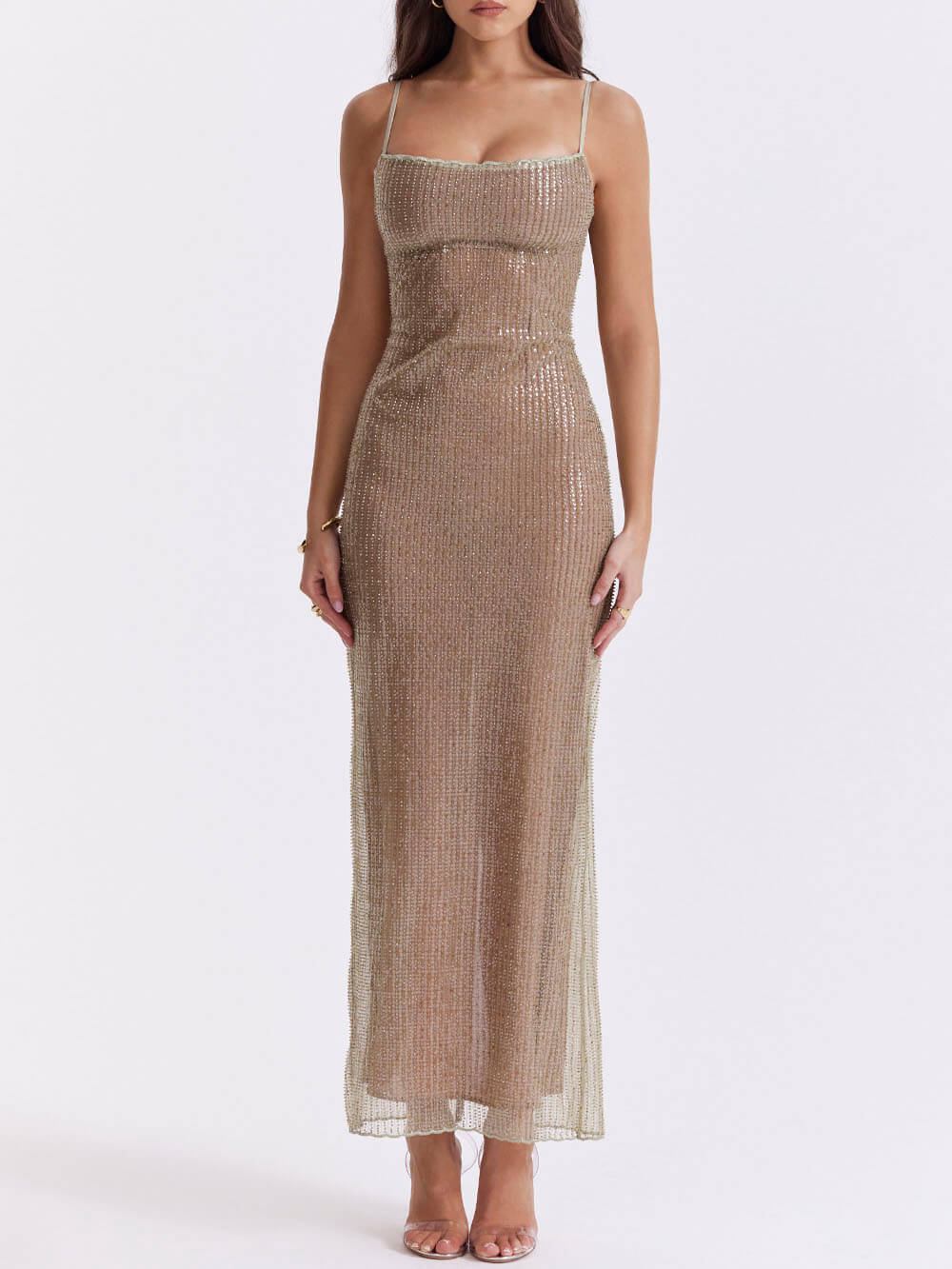 Beaded Spaghetti Strap Sheer Mesh Column Maxi Dress