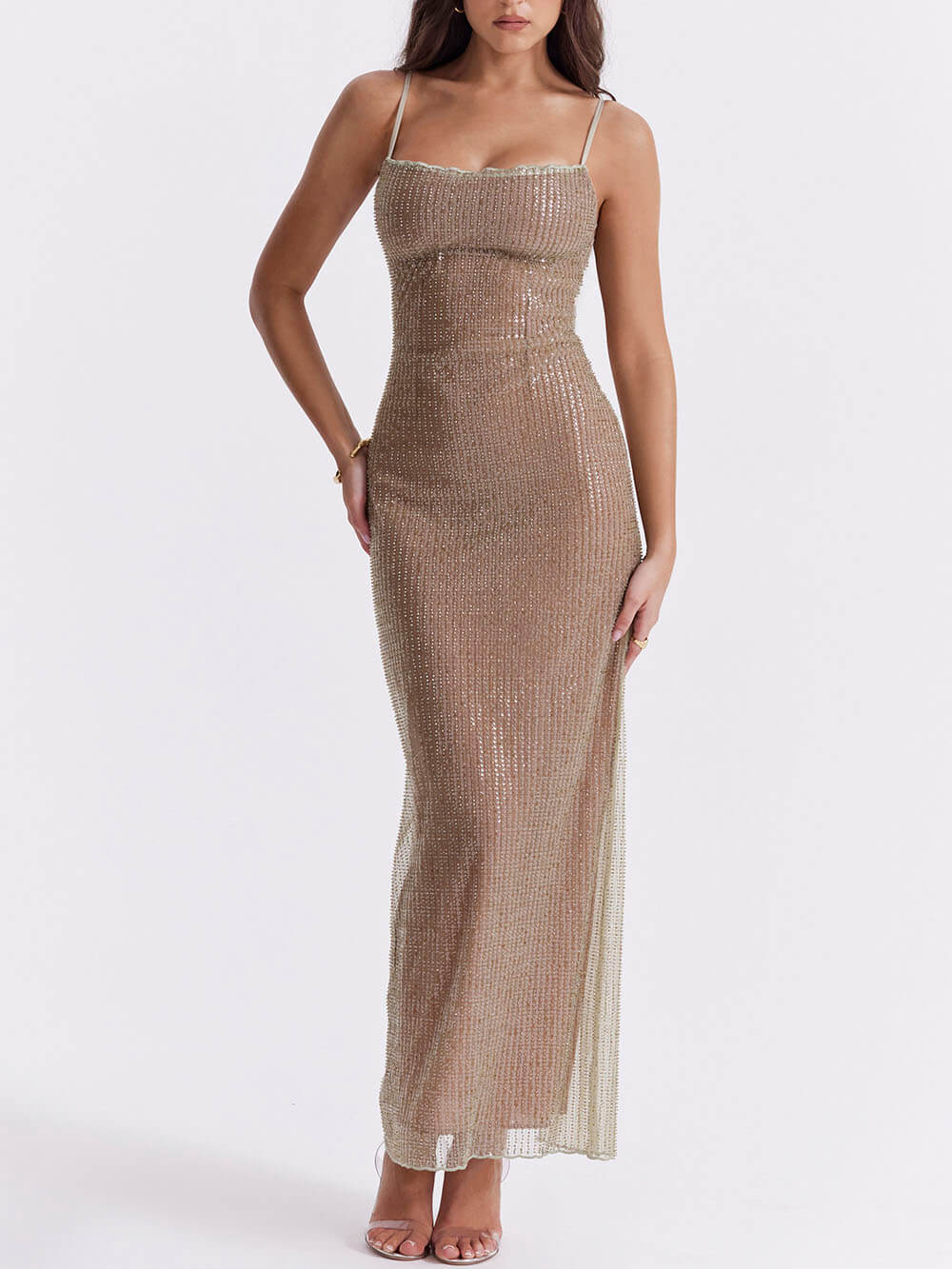 Beaded Spaghetti Strap Sheer Mesh Column Maxi Dress