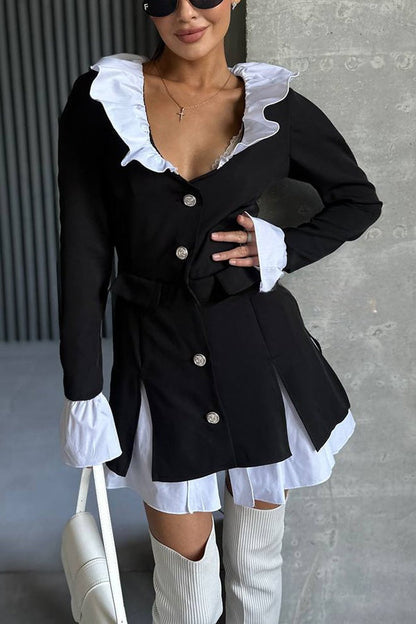 Altair Contrast Ruffled Shirt Patchwork Button Pleated Blazer Mini Dress