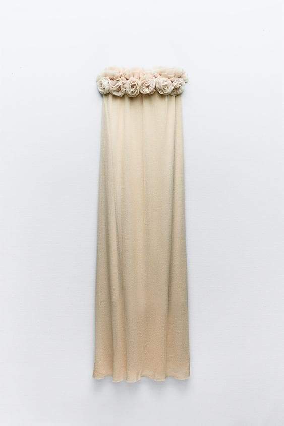 Strapless Bandeau 3D Floral Rosette Column Floor-Length Gown
