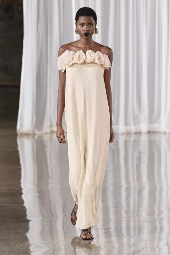 Strapless Bandeau 3D Floral Rosette Column Floor-Length Gown