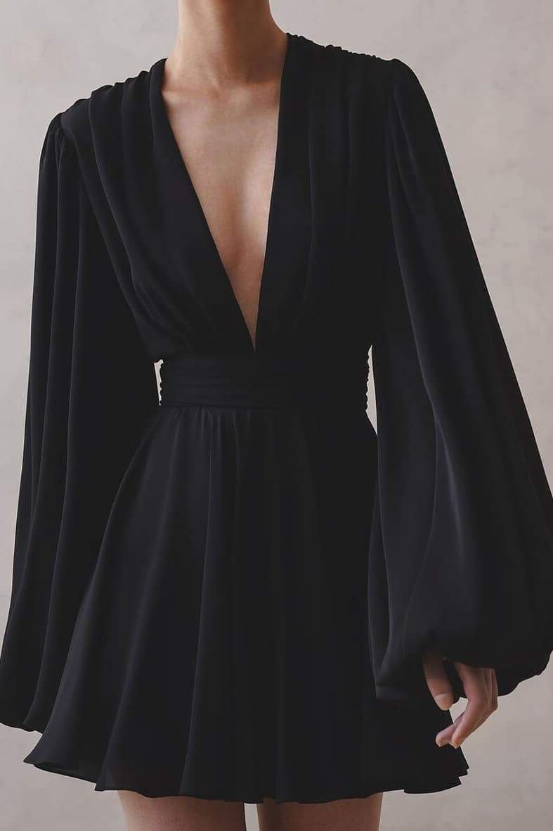Plunging V Neck Balloon Sleeve Cinched Waist Flare Chiffon Mini Dress
