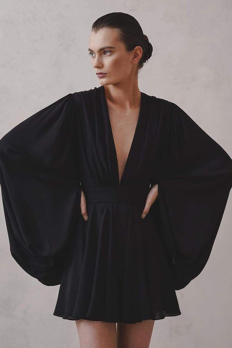 Plunging V Neck Balloon Sleeve Cinched Waist Flare Chiffon Mini Dress