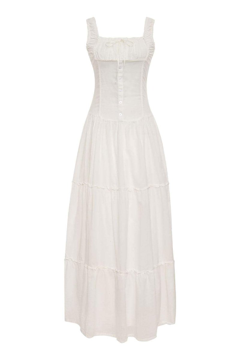 Square Neck Ruched Bow Tiered Wide Strap Maxi Dress
