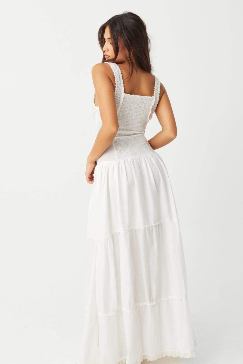 Square Neck Ruched Bow Tiered Wide Strap Maxi Dress