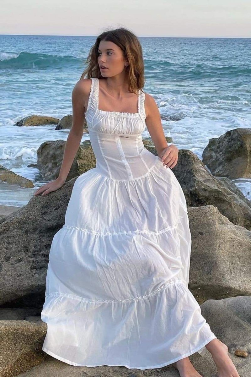 Square Neck Ruched Bow Tiered Wide Strap Maxi Dress