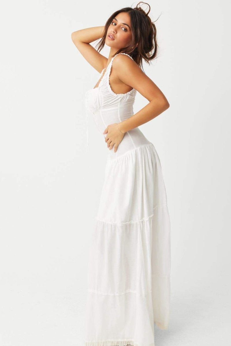 Square Neck Ruched Bow Tiered Wide Strap Maxi Dress