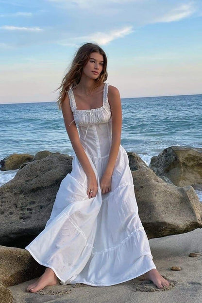 Square Neck Ruched Bow Tiered Wide Strap Maxi Dress