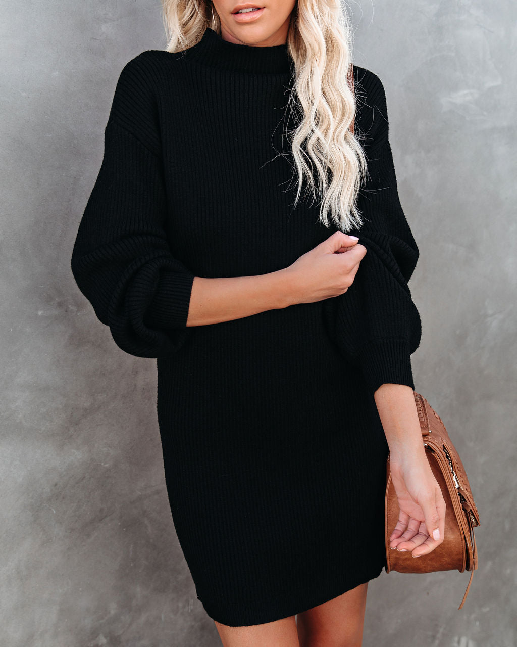 Mock Neck Balloon Sleeve Rib Knit Mini Sweater Dress