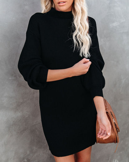 Mock Neck Balloon Sleeve Rib Knit Mini Sweater Dress