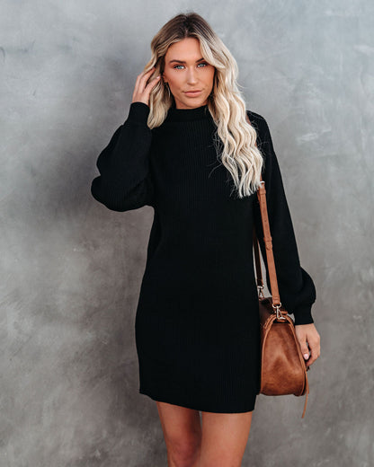 Mock Neck Balloon Sleeve Rib Knit Mini Sweater Dress