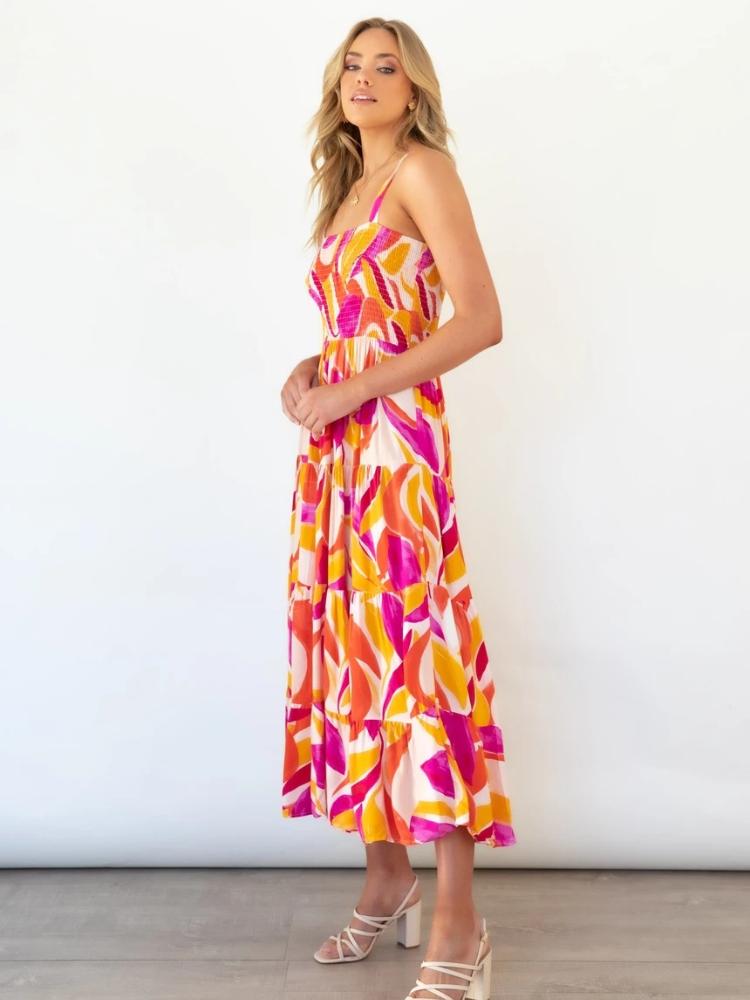 Abstract Print Smocked Square Neck Tiered Midi Dress