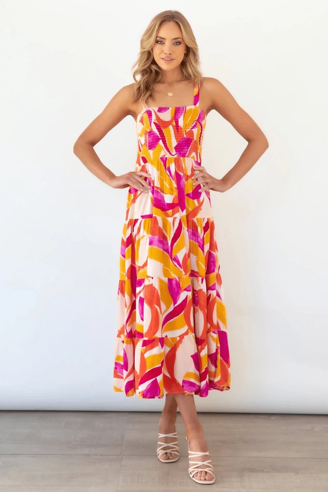 Abstract Print Smocked Square Neck Tiered Midi Dress