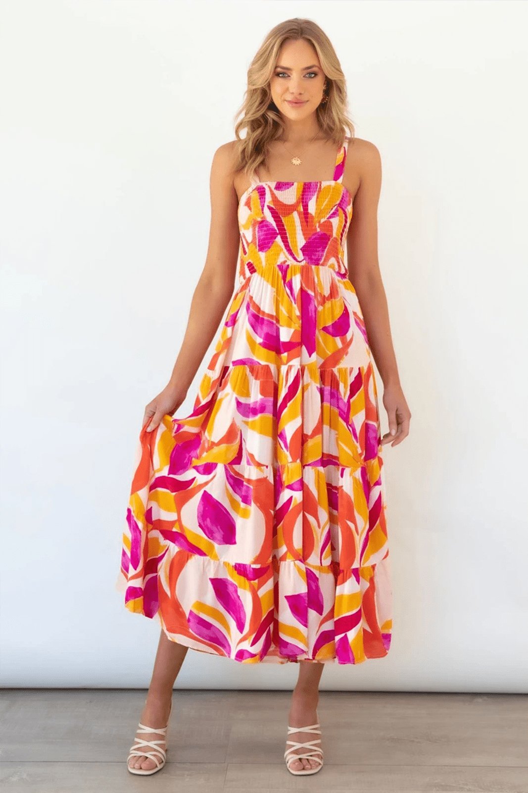 Abstract Print Smocked Square Neck Tiered Midi Dress