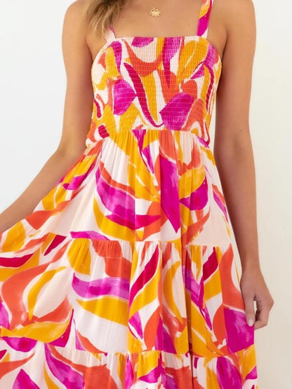 Abstract Print Smocked Square Neck Tiered Midi Dress