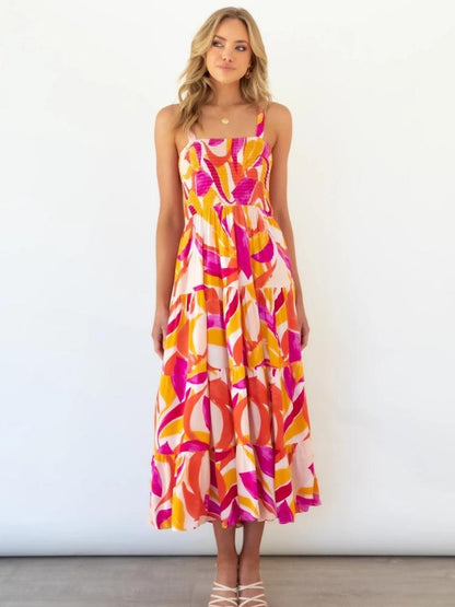 Abstract Print Smocked Square Neck Tiered Midi Dress
