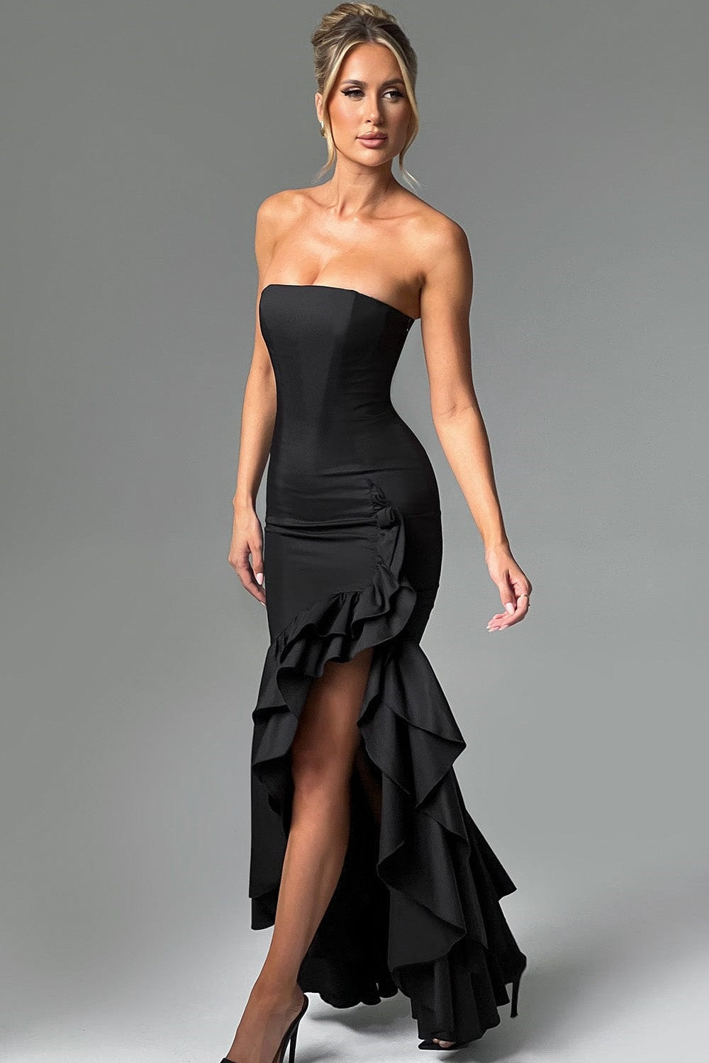 Strapless Corset Bodice Asymmetrical Ruffle Hem High Split Maxi Gown