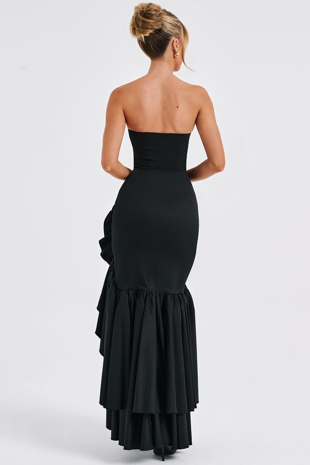 Strapless Corset Bodice Asymmetrical Ruffle Hem High Split Maxi Gown