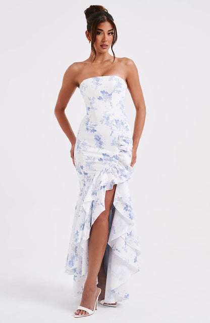 Strapless Floral Ruffle High Low Tiered Slit Maxi Gown