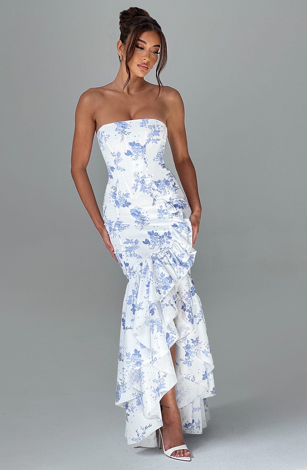 Strapless Floral Ruffle High Low Tiered Slit Maxi Gown