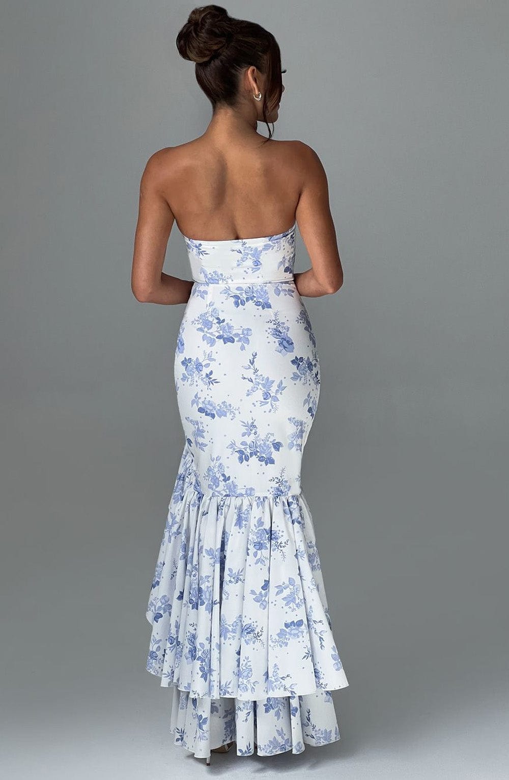 Strapless Floral Ruffle High Low Tiered Slit Maxi Gown