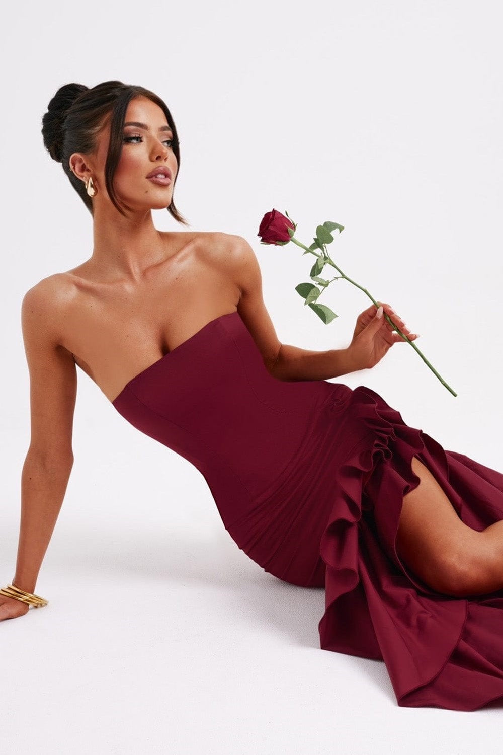 Strapless Corset Bodice Asymmetrical Ruffle Hem High Split Maxi Gown
