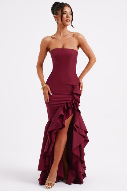 Strapless Corset Bodice Asymmetrical Ruffle Hem High Split Maxi Gown