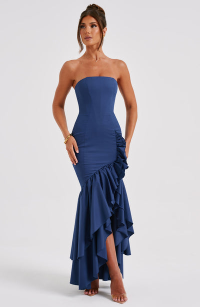 Strapless Corset Bodice Cascading Ruffle High Slit Mermaid Maxi Gown