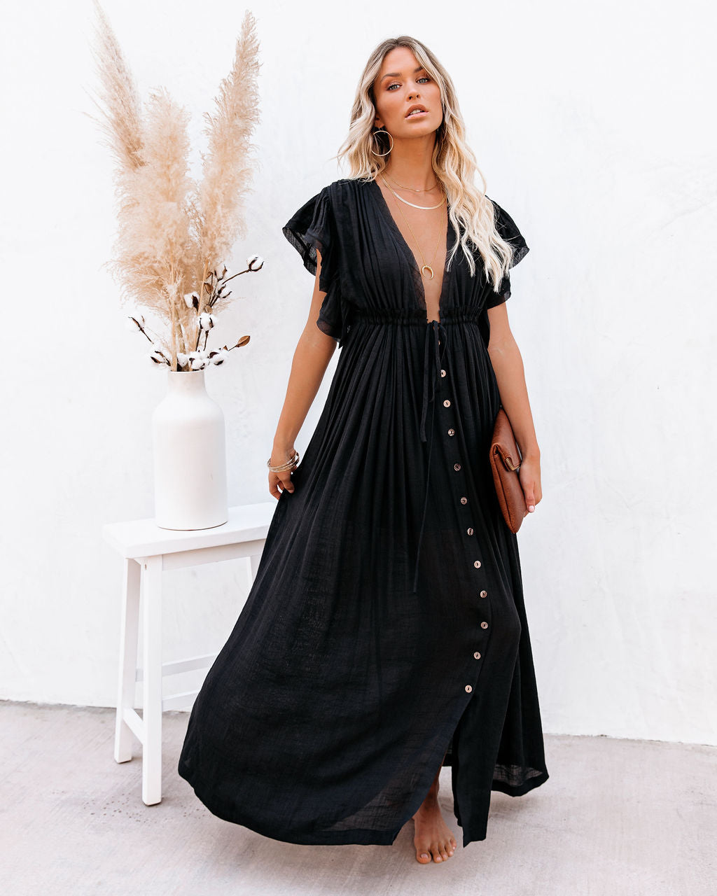 Collared Button Down Long Sleeve Pocketed Tiered Ruffle Maxi Shirt Dress