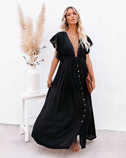 Collared Button Down Long Sleeve Pocketed Tiered Ruffle Maxi Shirt Dress