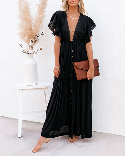 Collared Button Down Long Sleeve Pocketed Tiered Ruffle Maxi Shirt Dress