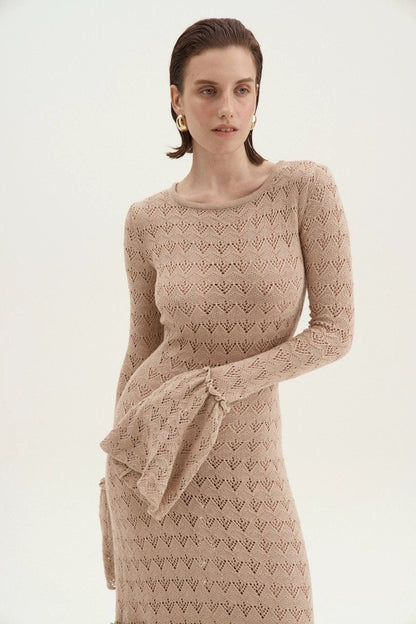 Boat Neck Long Sleeve Pointelle Bell Cuff Mermaid Knit Maxi Dress
