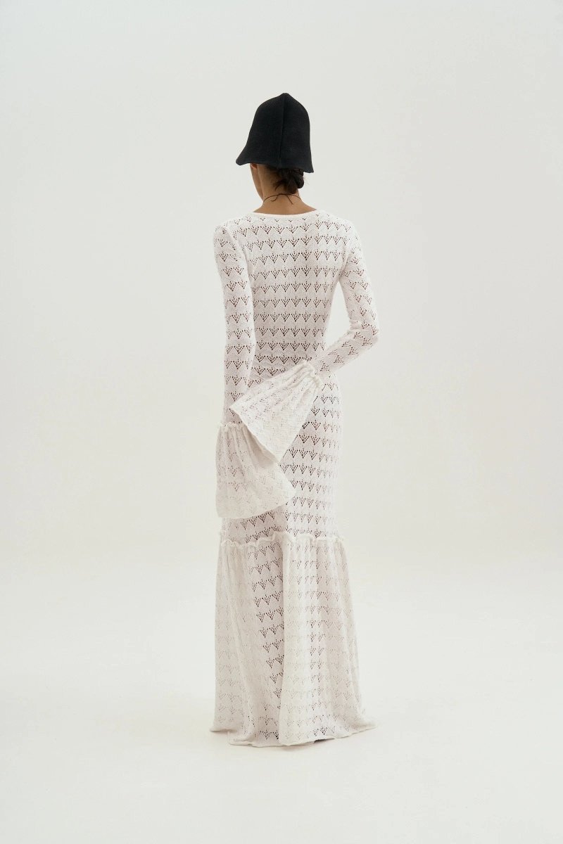 Boat Neck Long Sleeve Pointelle Bell Cuff Mermaid Knit Maxi Dress